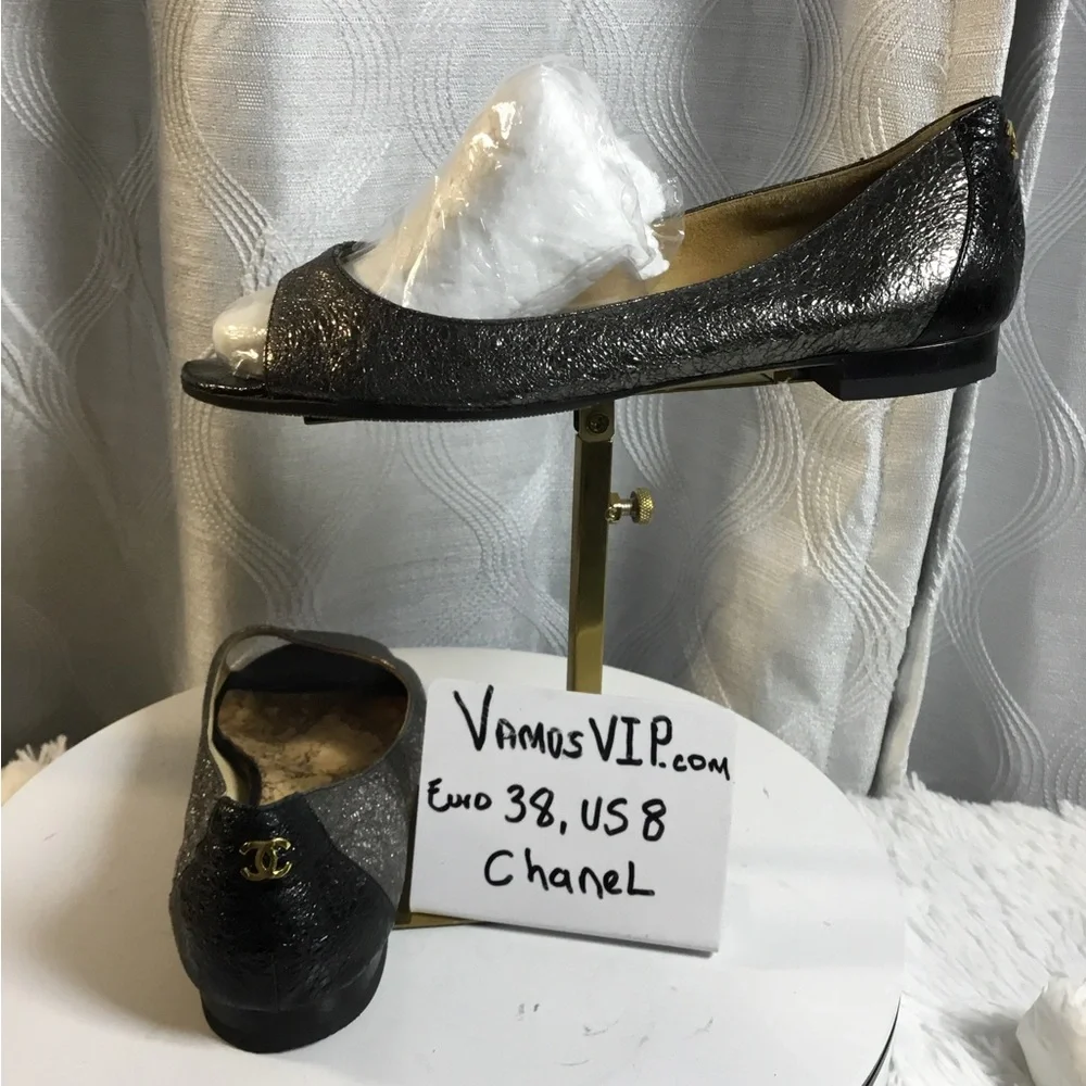 Chanel Women's Metallic Peep-Toe Flats - Silver